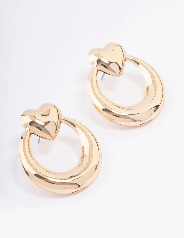 Women’s diamond drop earrings-Gold Large Heart Ring Stud Earrings