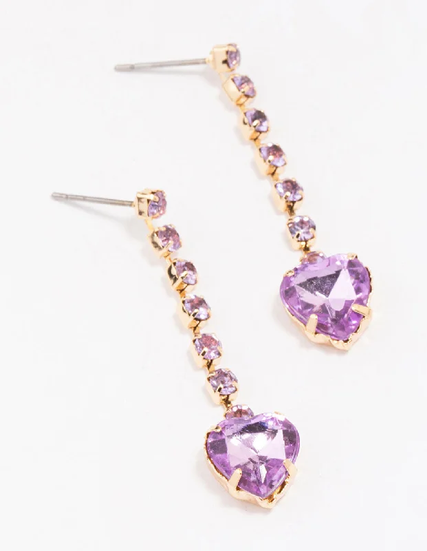 Women’s cubic zirconia earrings-Gold Cupchain Lilac Heart Drop Earrings