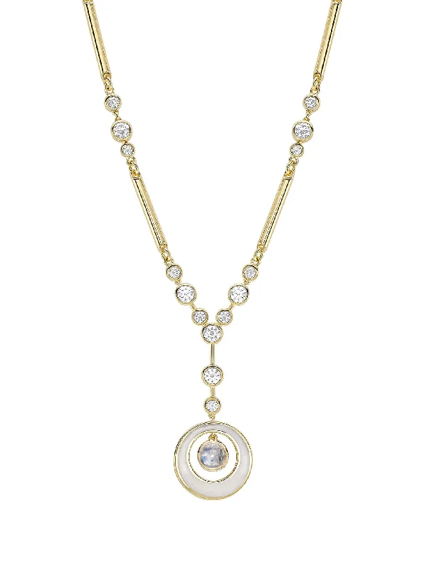 Women’s necklaces with vintage designs-Raindance Diamond Moonstone Enamel Yellow Gold Pendant