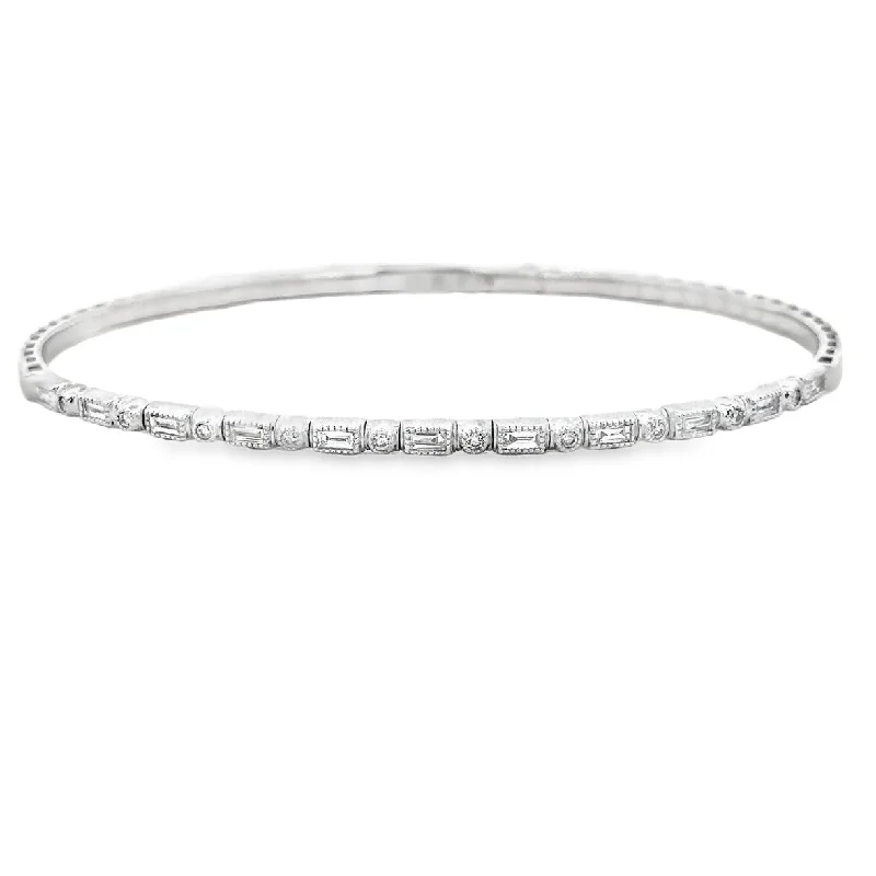 Elegant bangles for women-Flexible Baguette and Round Cut Diamond Bangle in White Gold