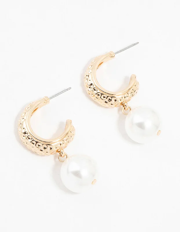 Women’s crystal drop earrings-Gold Textured Pearl Drop Earrings