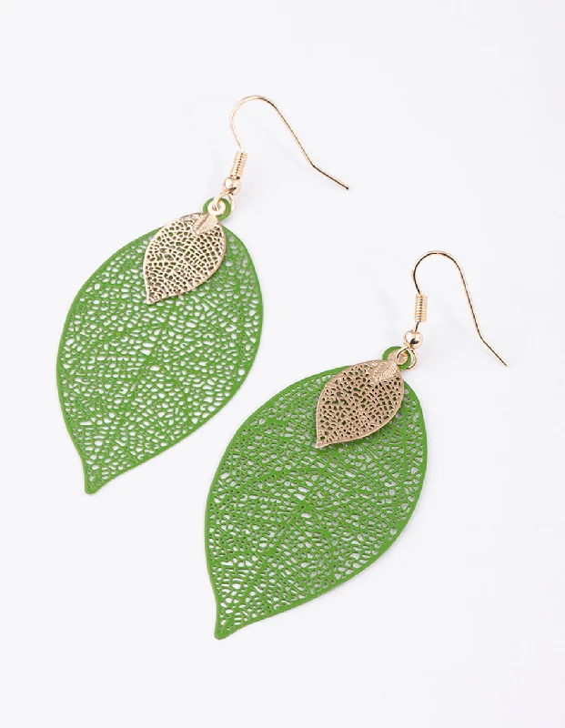 Women’s star-shaped earrings-Green Mixed Filo Leaf Drop Earrings