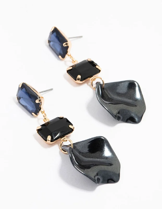 Women’s classic diamond earrings-Gold Diamante Black Pearl Petal Drop Earrings