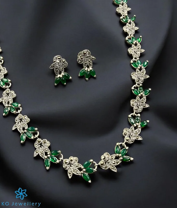 Vintage-style gold necklaces for women-The Gemstone Grace Silver Marcasite Necklace & Earrings (Green)