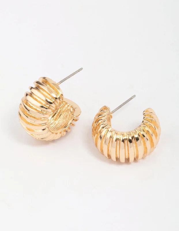 Women’s clip-on diamond earrings-Gold Ribbed Small Hoop Earrings