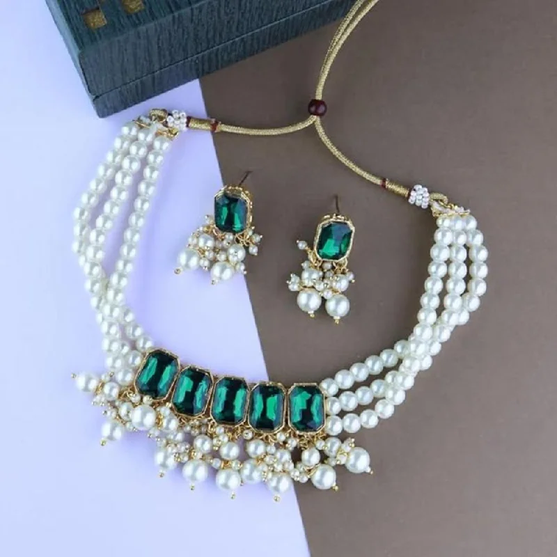 Trendy necklaces for women-Etnico Gold Plated Traditional Green Stone Studded Multi Layered White Pearl Choker Necklace Jewellery Set with Earrings for Women And Girls (IJ355G)