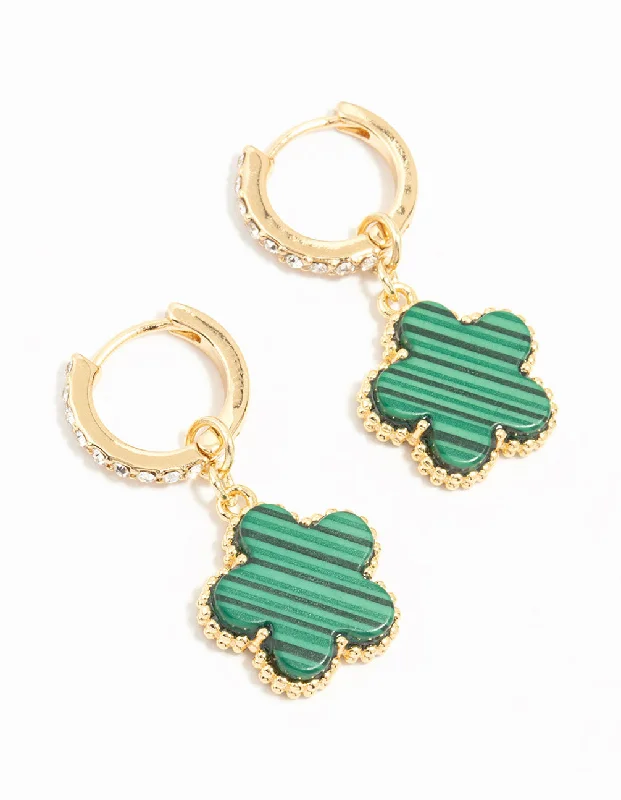 Women’s gemstone earrings-Gold Plated Emerald Flower Hoop Drop Earrings