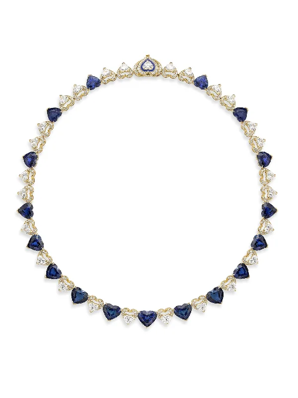 Vintage-style gold necklaces for women-Classic Heart Sapphire Diamond Yellow Gold Collar