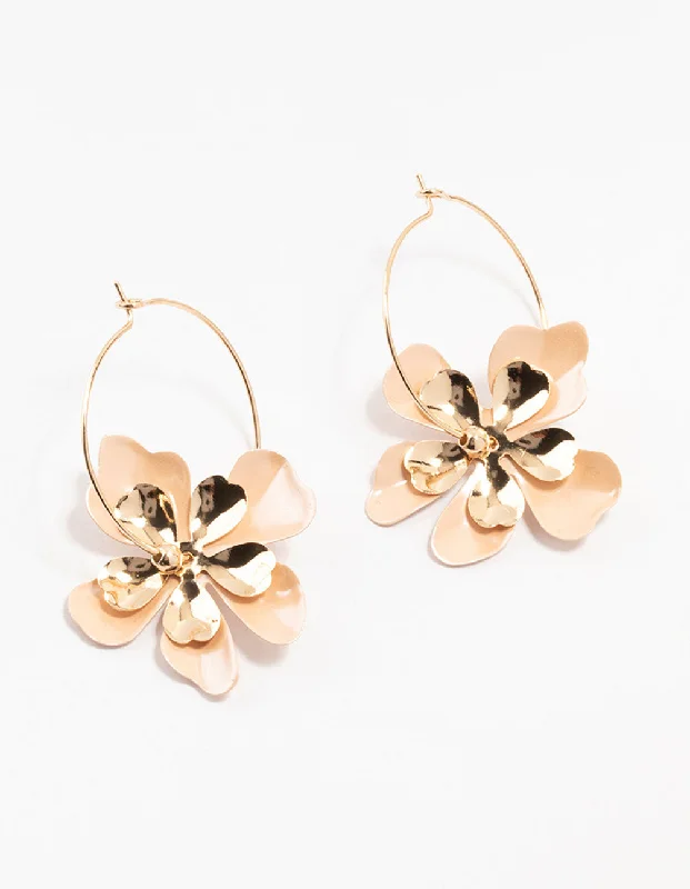 Women’s small hoop earrings-Gold Coated Metal Flower Hoop Earrings