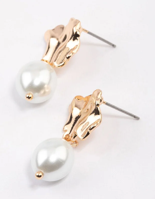 Women’s crystal stud earrings-Gold Molten Pearl Drop Earrings & Polishing Set