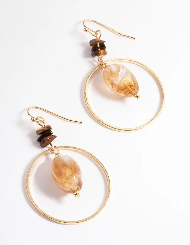 Women’s geometric earrings-Brown Mixed Bead Open Circle Drop Earrings