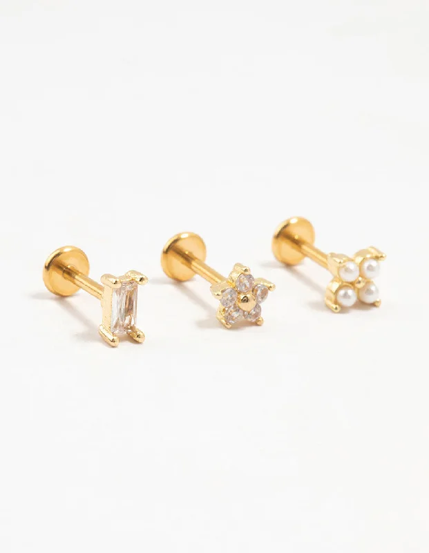 Women’s silver drop earrings-Gold Plated Surgical Steel Flower & Baguette Flat Backs 3-Pack