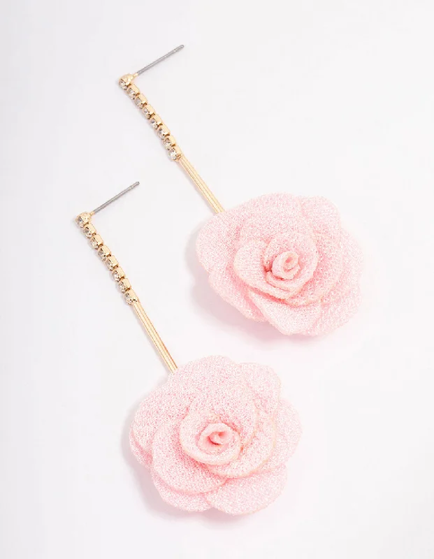 Women’s geometric earrings-Pink Diamante Fabric Flower Drop Earrings