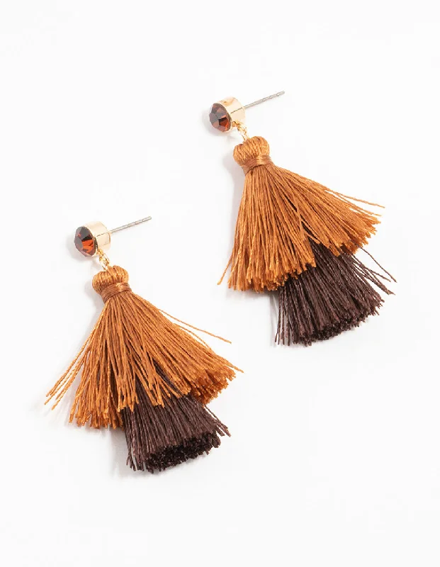 Women’s silver and gold earrings-Brown Fabric Tassel Diamante Drop Earrings