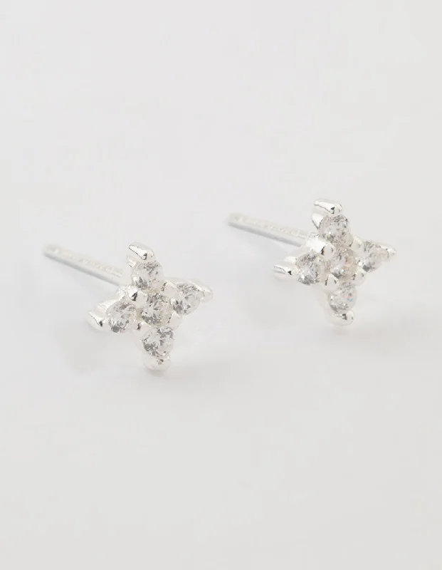 Women’s hoop earrings-Sterling Silver Cubic Zirconia Micro Clover Stud Earrings