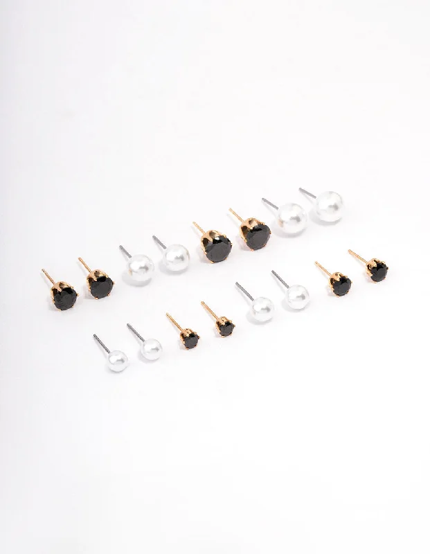 Women’s small hoop earrings-Gold Black Crystal & Pearl Stud Earring 8-Pack