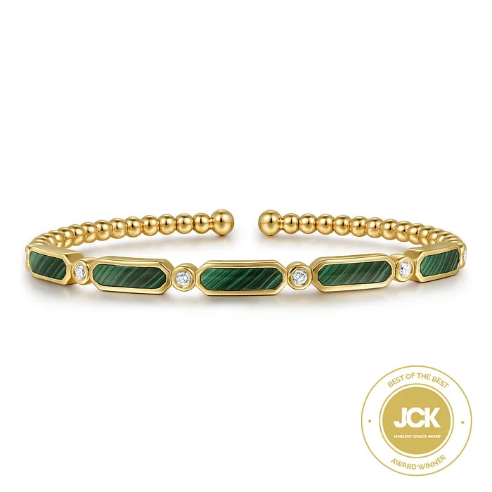 Women’s hammered gold bangles-14K Yellow Gold Diamond and Malachite Bujukan Bangle