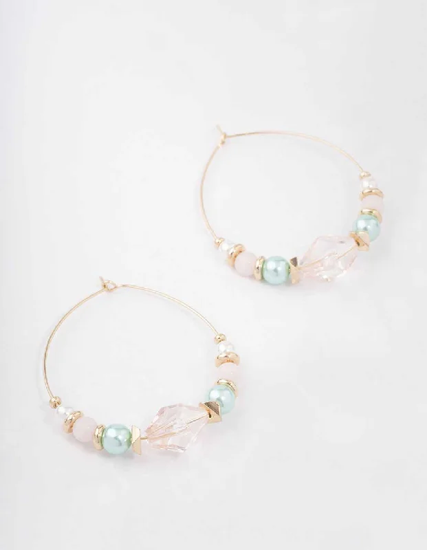 Women’s silver and gold earrings-Gold Mixed Beaded & Pearl Hoop Earrings