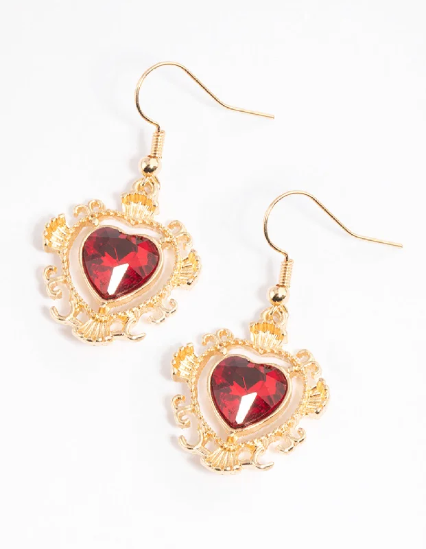 Classic women’s earrings-Red Ornate Heart Diamante Drop Earrings