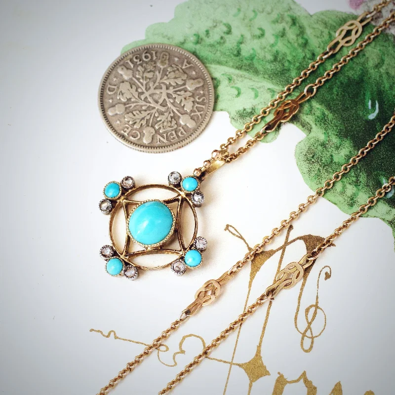 Women’s necklaces for everyday wear-Antique Edwardian Turquoise & Diamond Pendant