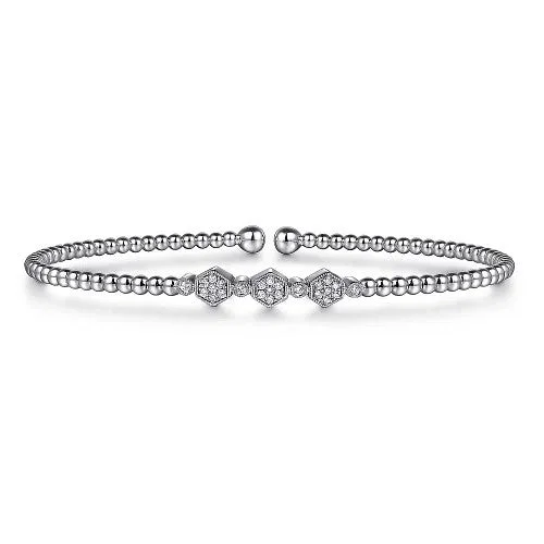 Women’s bangles with gemstones-14K White Gold Bujukan Bead and Hexagon 0.13cttw Cluster Diamond Bangle