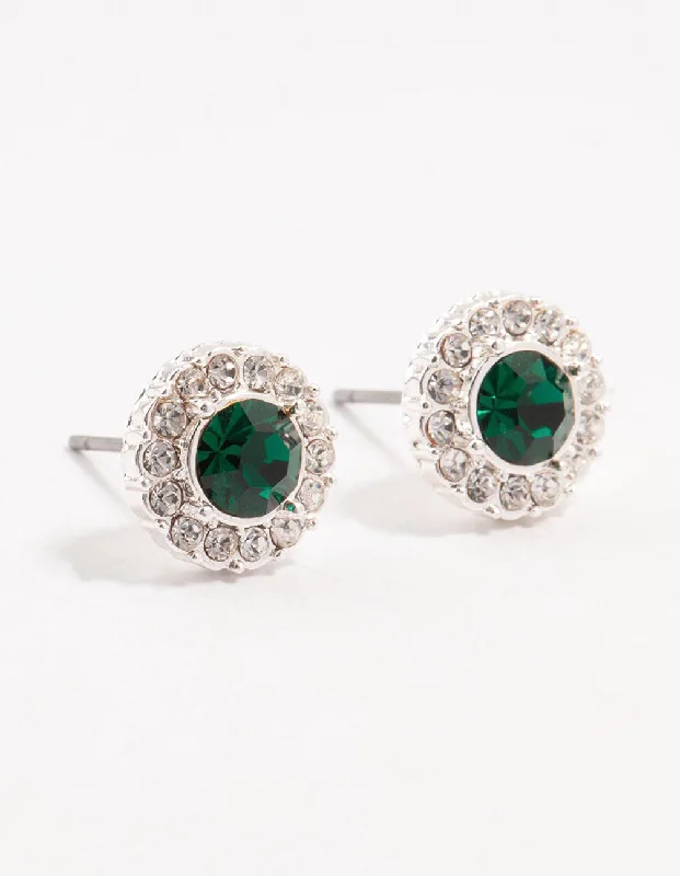 Women’s clip-on earrings-Silver Green Halo Bohemia Czech Crystal Stud Earrings