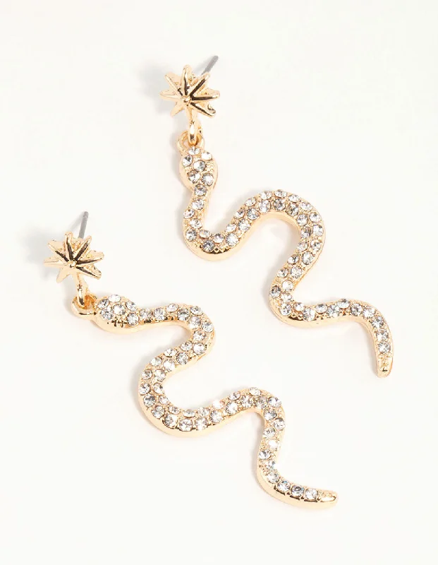 Women’s vintage-style earrings-Gold Diamante Star & Snake Drop Earrings