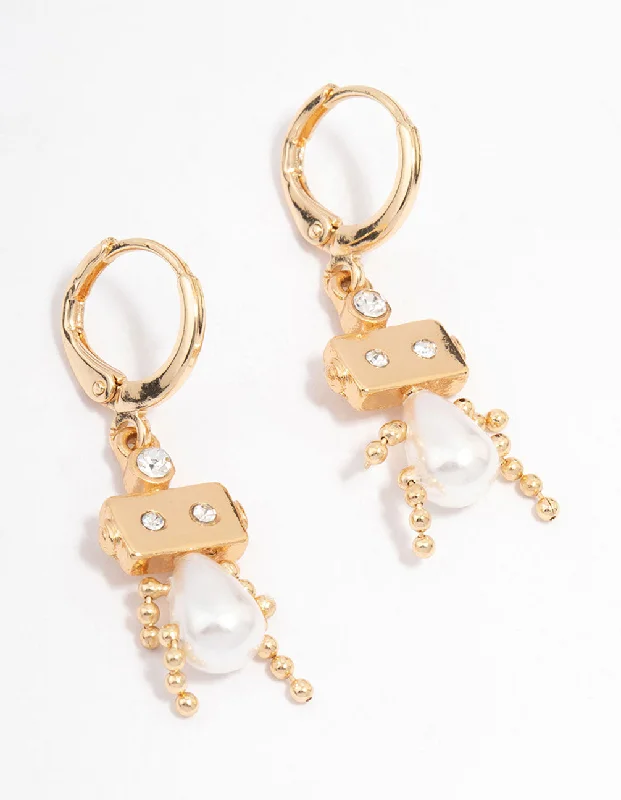 Women’s playful earrings-Gold Pearl Robot Huggie Hoop Earrings