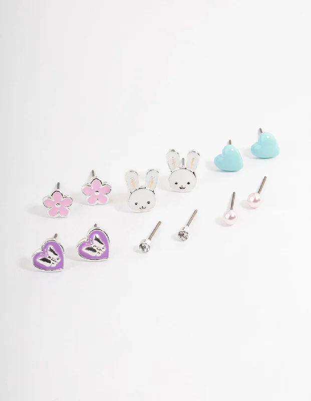 Women’s huggie earrings-Kids Bunny Heart Stack Earrings 6-Pack