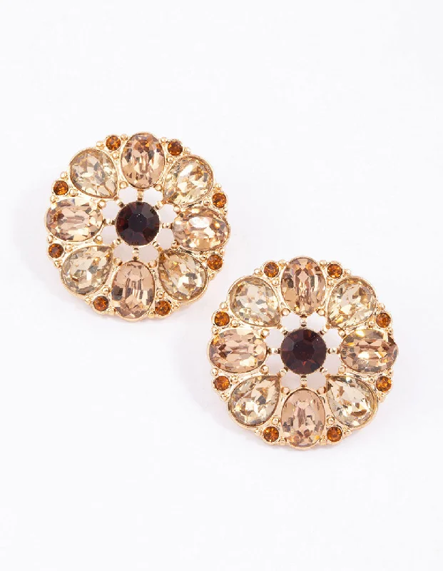 Women’s clip-on diamond earrings-Gold Flower Encrusted Stud Earrings