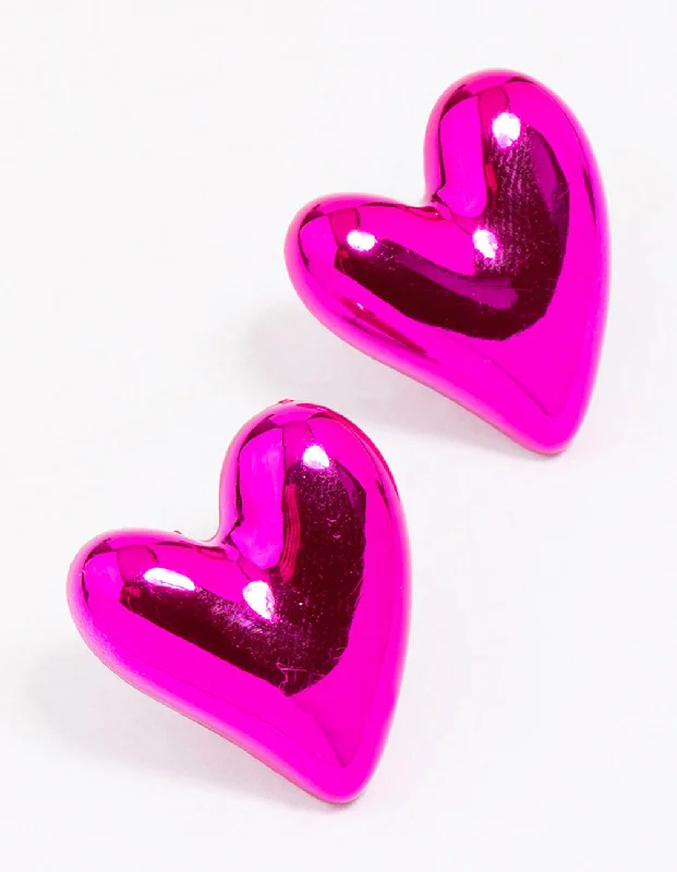 Women’s modern stud earrings-Pink Puffy Heart Stud Earrings