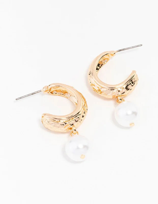 Fashionable earrings for women-Gold Hammered Pearl Drop Hoop Earrings