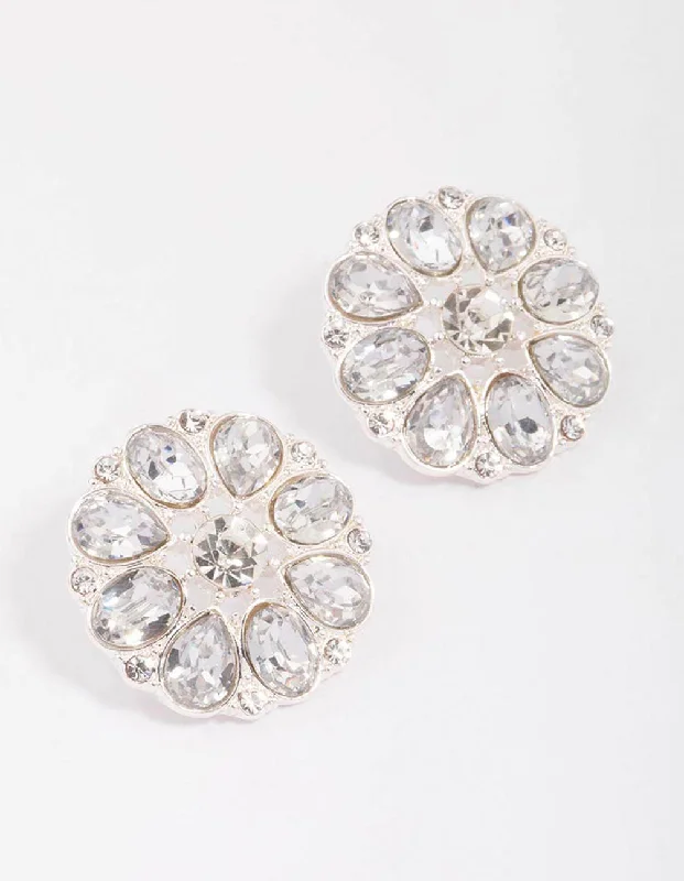 Women’s dangling diamond earrings-Silver Flower Diamante Encrusted Stud Earrings