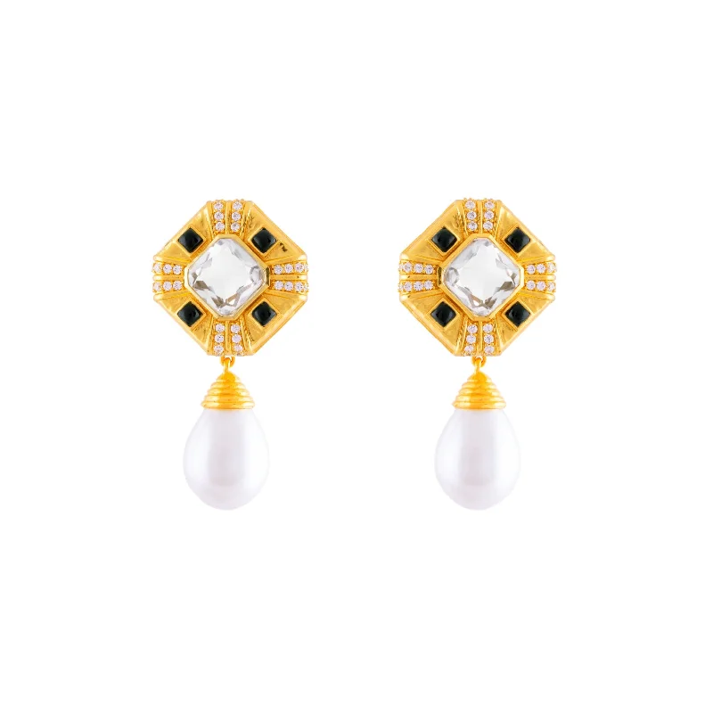 Women’s cubic zirconia earrings-Natalie Earrings Clear Quartz Crystal, Black Onyx & Pearl