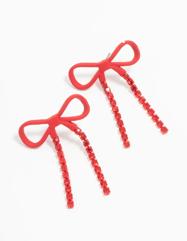 Women’s vintage-style earrings-Red Coated Metal Bow Diamante Drop Earrings