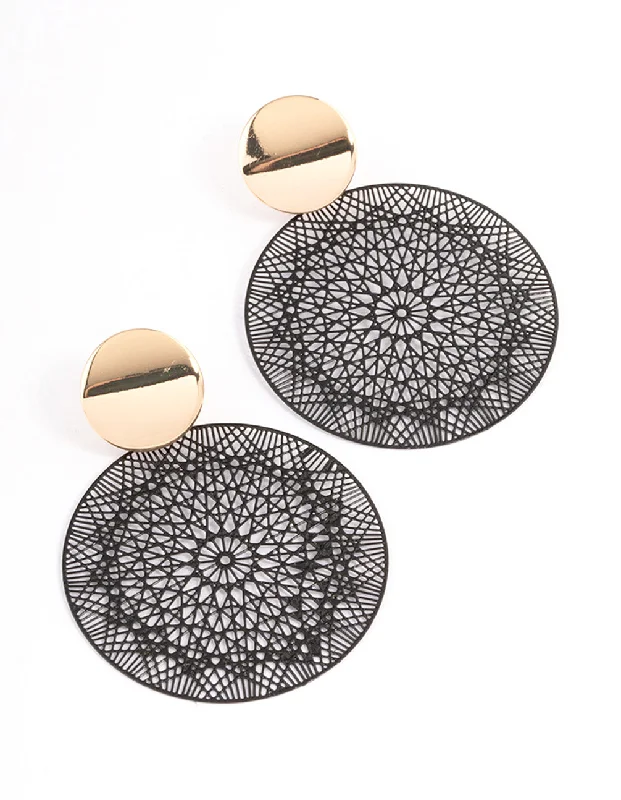 Women’s flower earrings-Black Mixed Disc Filigree Drop Earrings