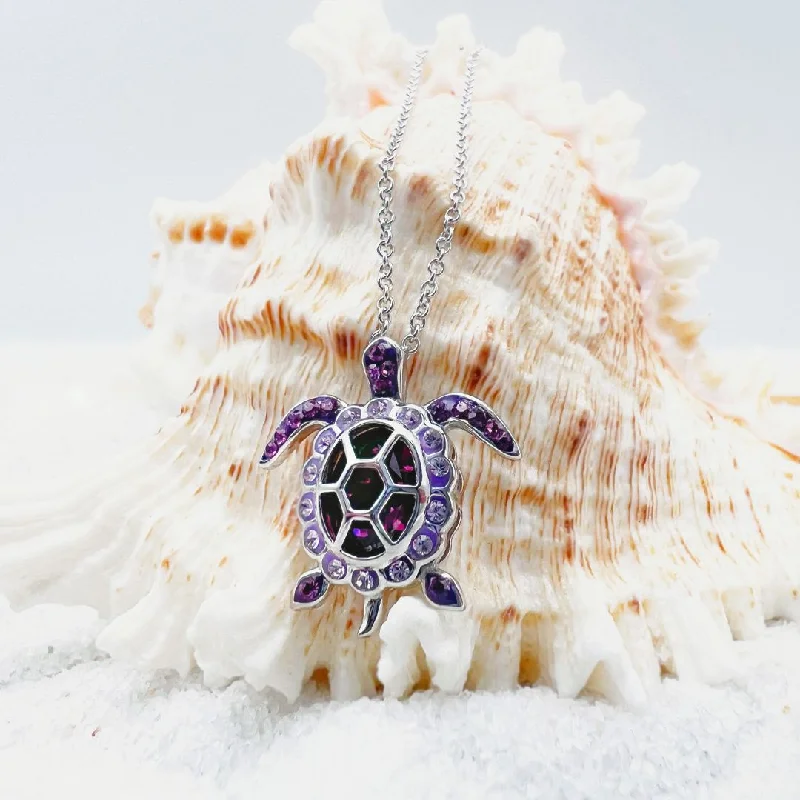 Women’s necklaces with engraved pendants-February Turtle Birthstone Pendant With Swarovski Crystals