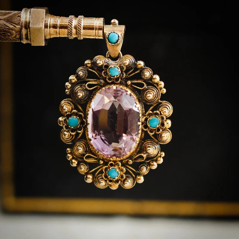 Custom necklace designs for women-Antique Georgian Cannetille Amethyst & Turquoise Pendant