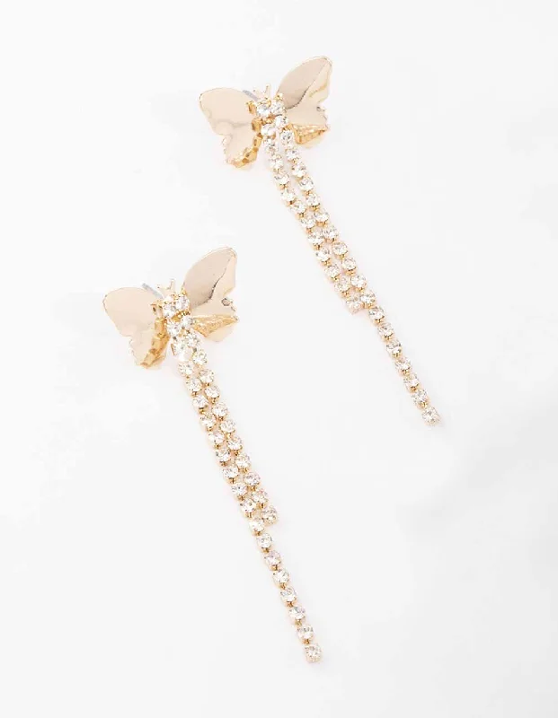 Women’s clip-on earrings-Gold Butterfly Cup Chain Drop Earrings