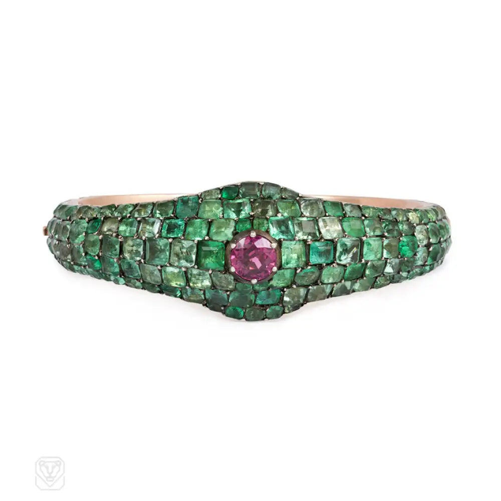 Women’s silver bracelets-Antique pavé emerald and pink sapphire bangle