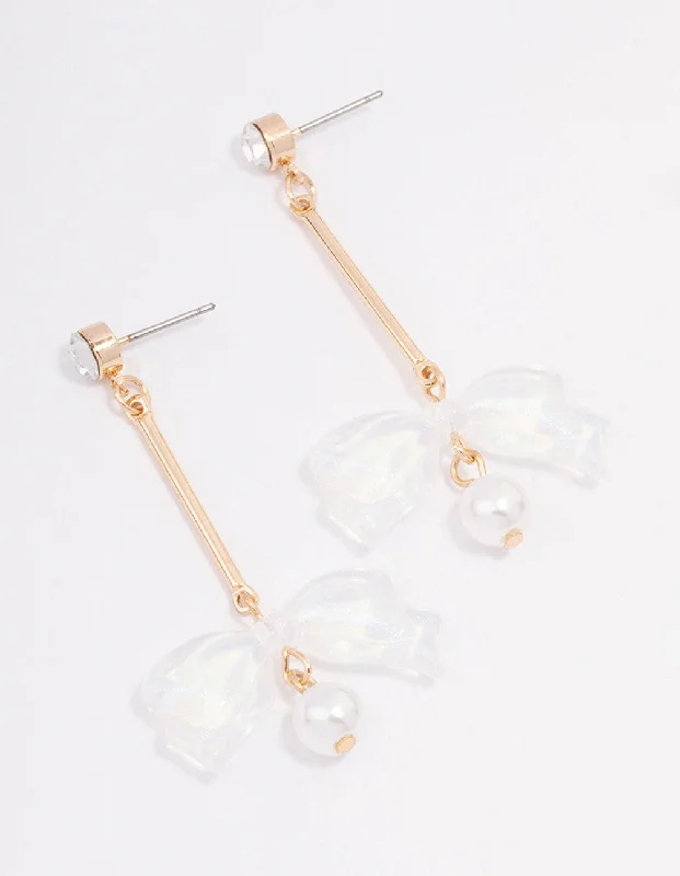 Women’s teardrop earrings-Gold Diamante Acrylic Bow Drop Earrings