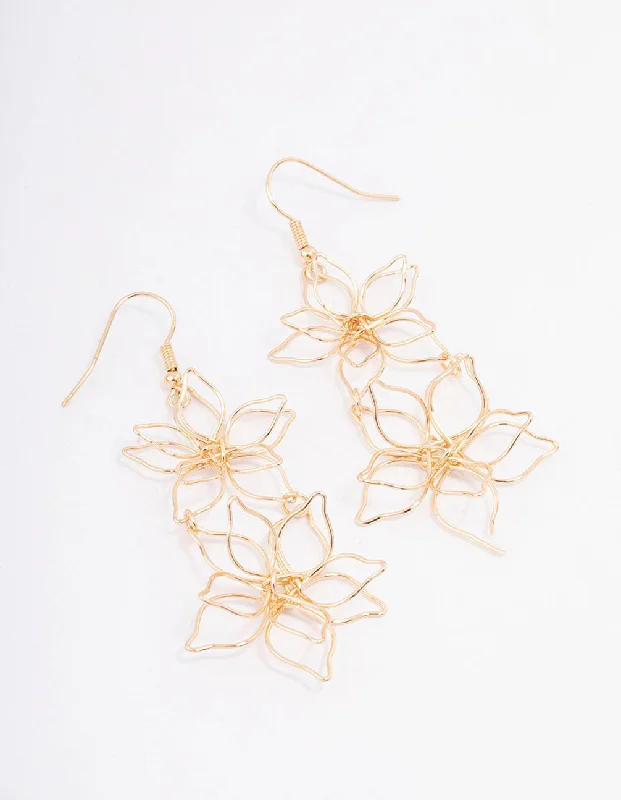 Women’s long chain earrings-Gold Double Wire Flower Drop Earrings