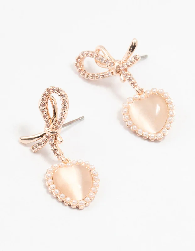 Women’s chunky earrings-Rose Gold Plated Pearl Halo Heart Drop Earrings