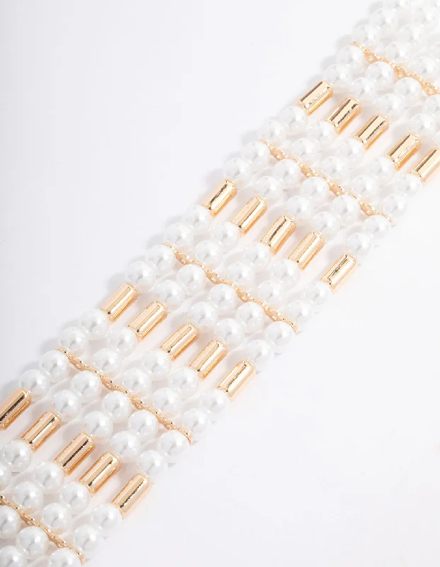 Classic gold necklaces for women-Gold Multi-Row Pearl Choker