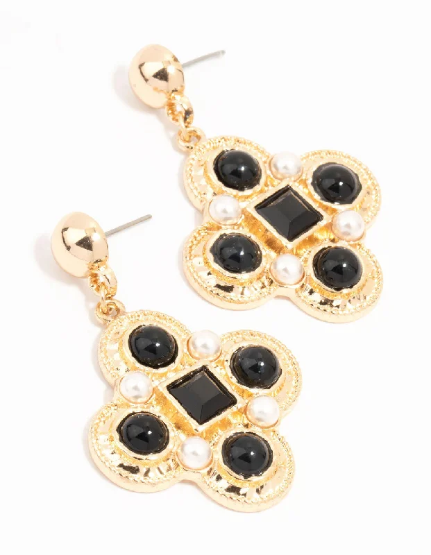 Women’s crystal drop earrings-Gold Pearl & Black Diamante Vintage Cross Stud Earrings