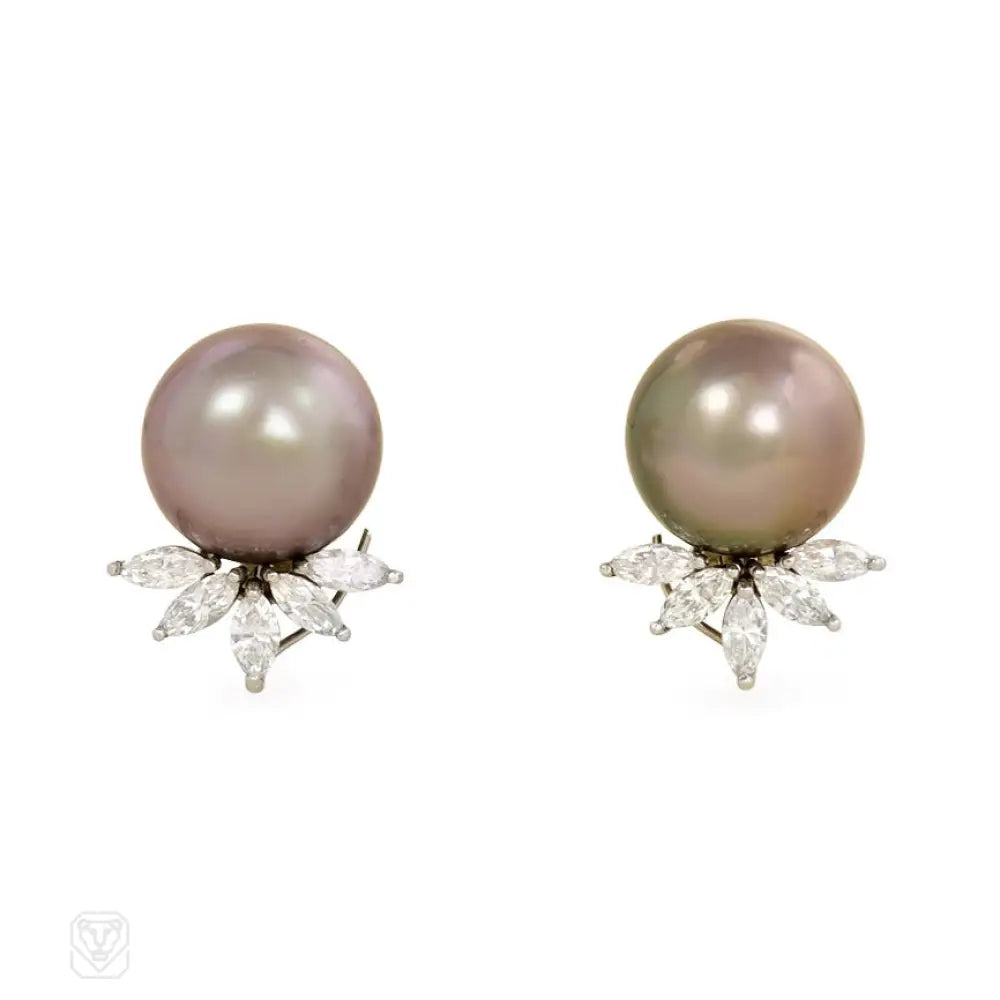 Women’s gold hoop earrings-South Sea Tahitian pearl and diamond earrings