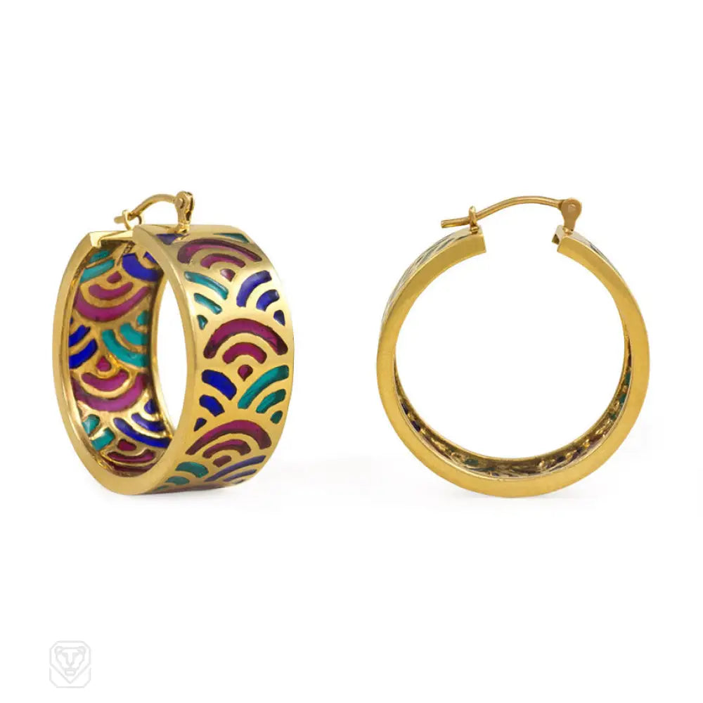 Women’s vintage-style earrings-Gold and multi-colored enamel hoop earrings