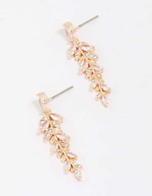 Elegant sapphire earrings for women-Rose Gold Plated Cubic Zirconia Dainty Leaf Drop Earrings