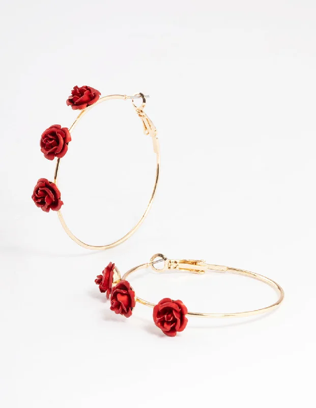 Women’s clip-on diamond earrings-Gold Large Triple Rose Hoop Earrings