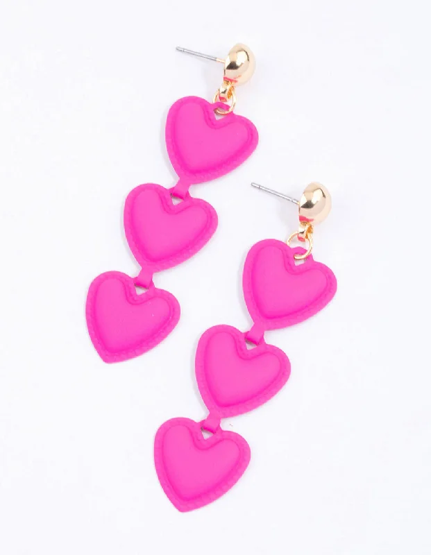 Women’s sapphire stud earrings-Pink Triple Puffy Heart Drop Earrings